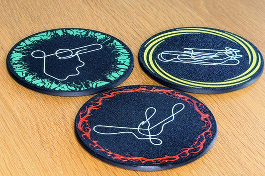 Nemesis, Thirteen and The Smiler inspired 3D printed coasters